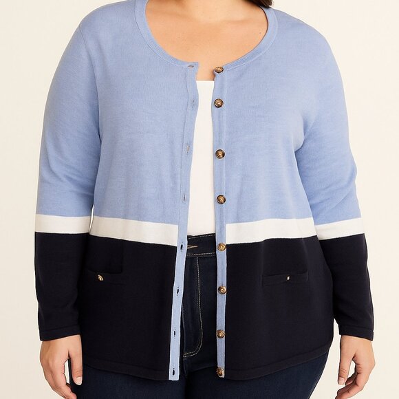 Karen Scott Light Blue Navy Sweater Cardigan Preppy Coastal Nautical Colorblock - Picture 1 of 7